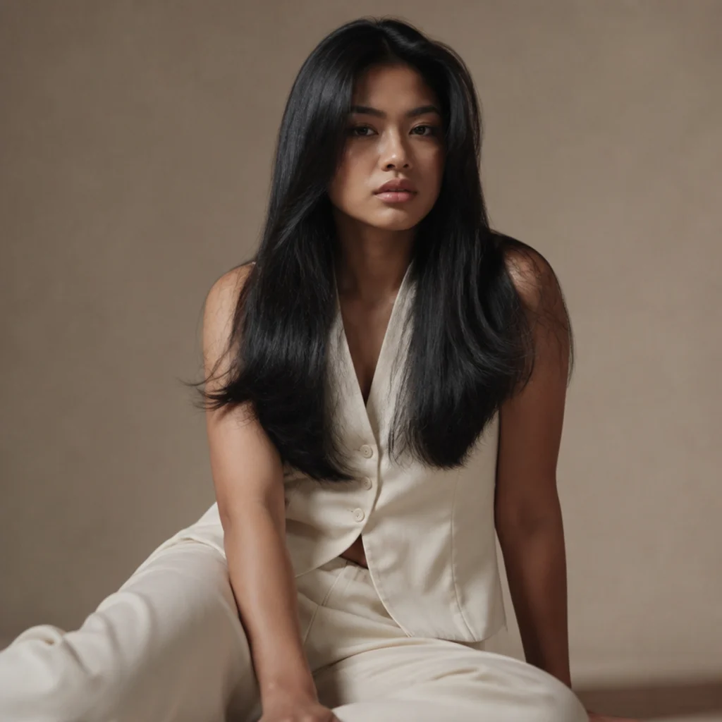 Long jet-black hair in a voluminous straight blowout, full body and root lift but no curl, sleek and thick with high mirror shine