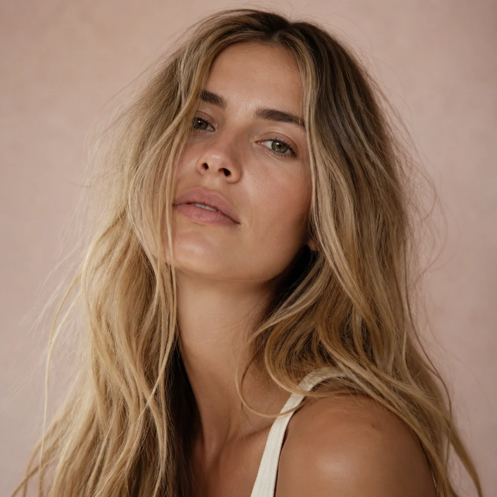 Long sandy-blonde hair in messy tousled waves, piecey and textured with a matte lived-in finish, casual effortless cool-girl styling