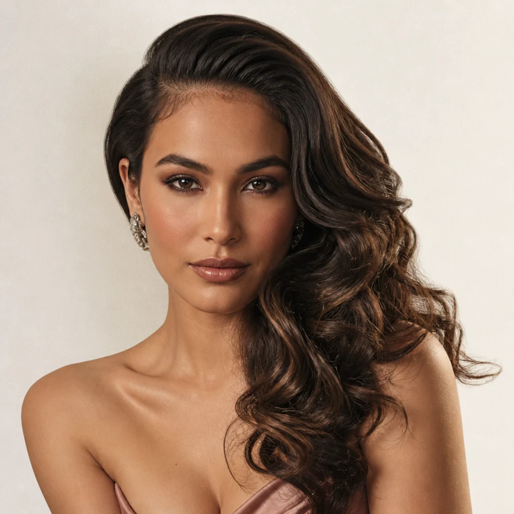 Long dark-brown hair with a dramatic deep side part, one side swept back with volume, glamorous cascading waves on the fuller side, glossy finish