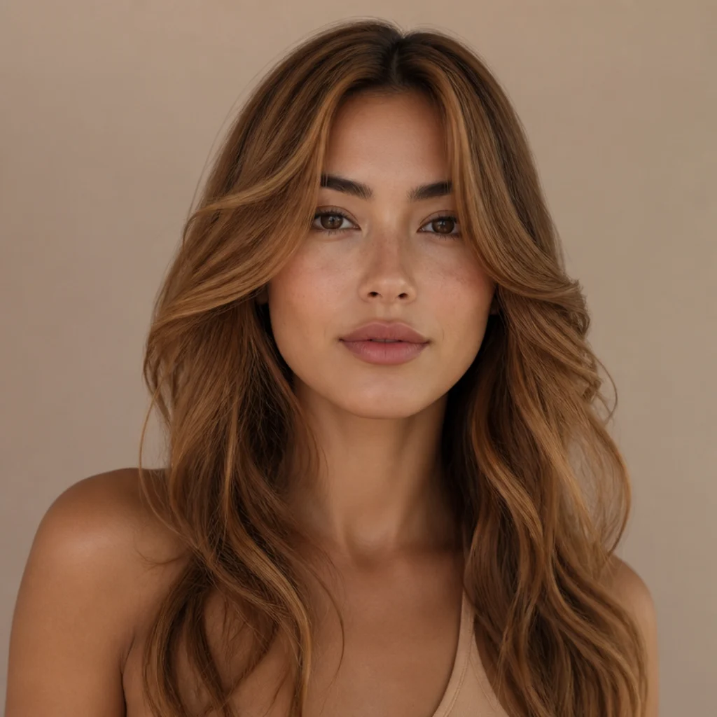 Long hair with curtain bangs flipped back and outward, framing the face symmetrically, soft body through the lengths, warm caramel tone