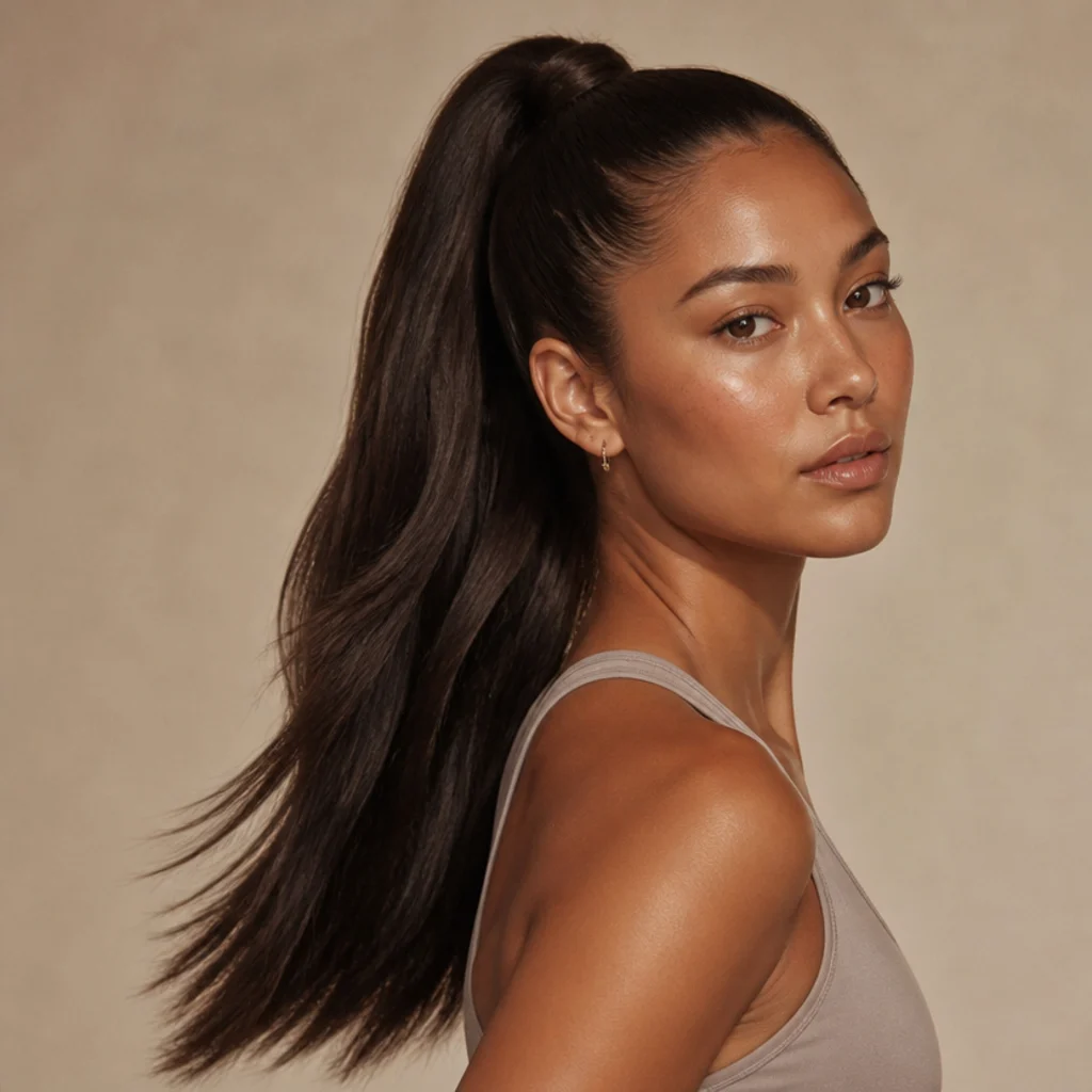 Long hair pulled into a sleek high ponytail with the length below styled in a smooth glossy blowout, polished and swishy, minimalist backdrop