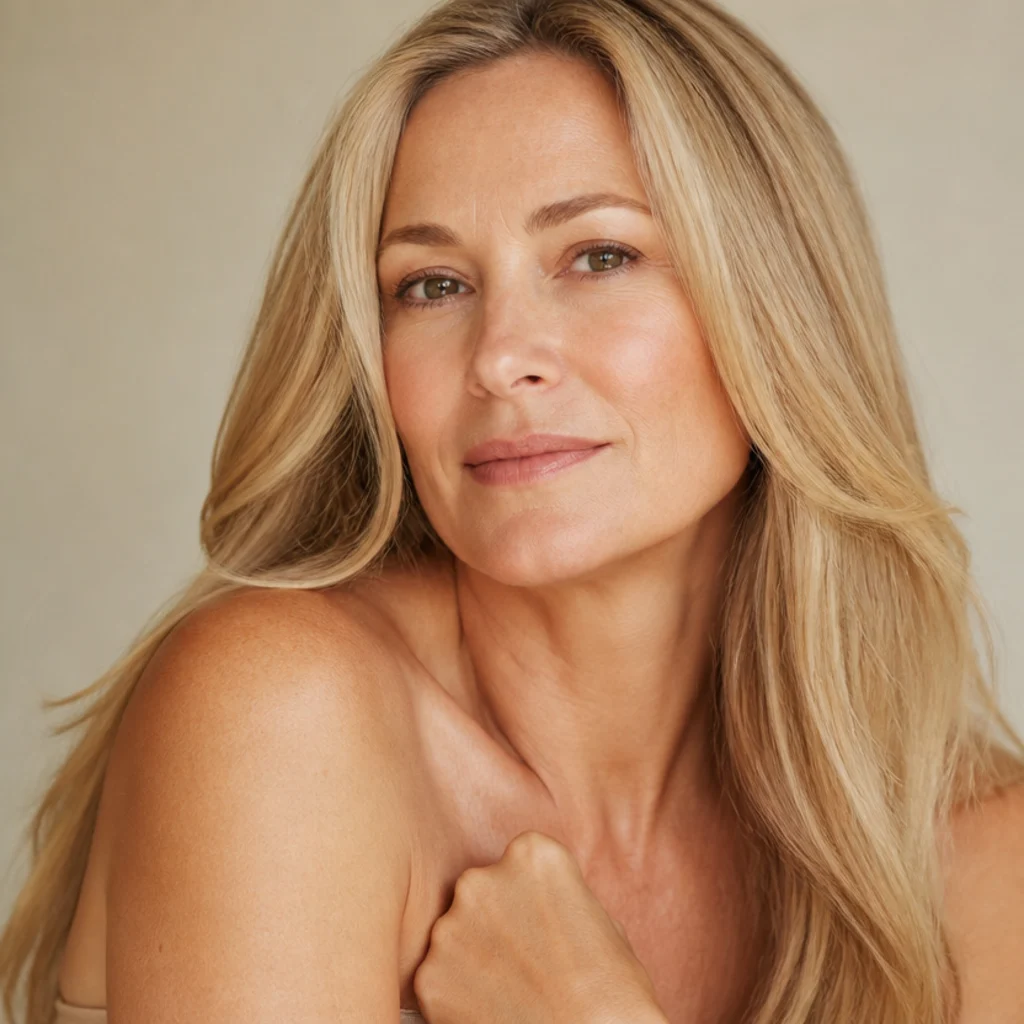 Long blonde hair in a refined understated blowout, soft volume and glassy shine, expensive quiet-luxury finish, ivory background