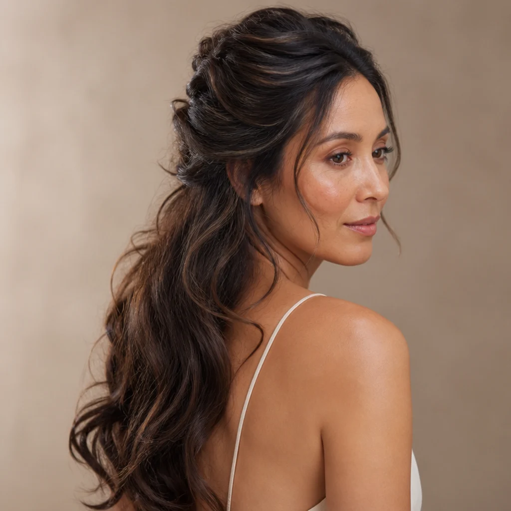 Long wavy hair worn half-up with the top twisted back and secured, generous crown volume, romantic waves cascading down the back