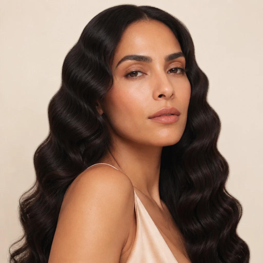 Long dark hair with soft continuous S-shaped waves running the full length, retro-inspired uniform bends, high-shine editorial finish