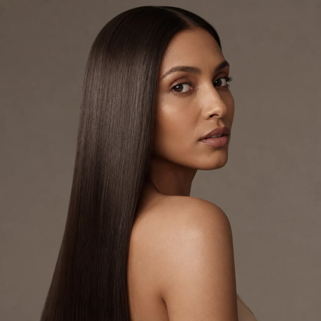 Long straight hair with a completely smooth glass-like finish, pin-straight and reflective, deep brunette color, sleek modern styling