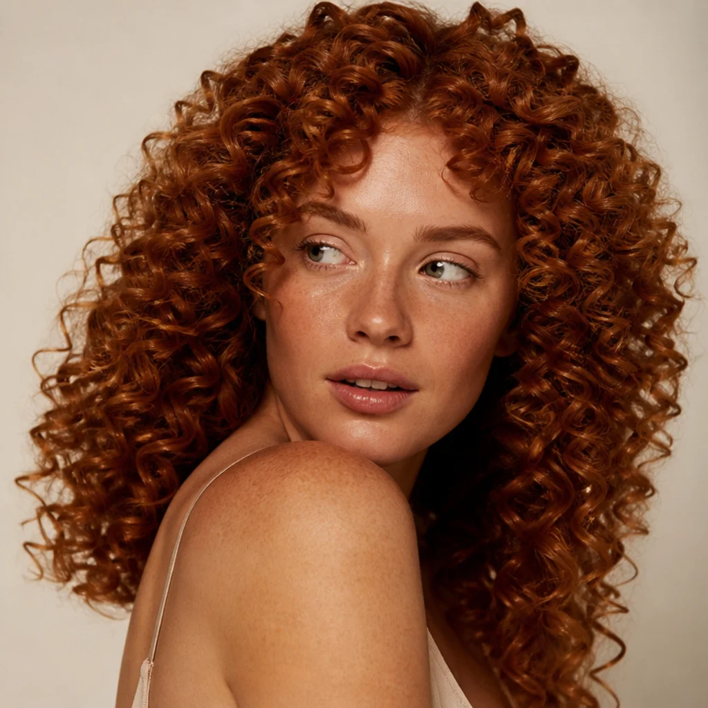 Long red hair set in defined tight ringlet curls with bounce and spring, uniform glossy spirals, voluminous and playful editorial look