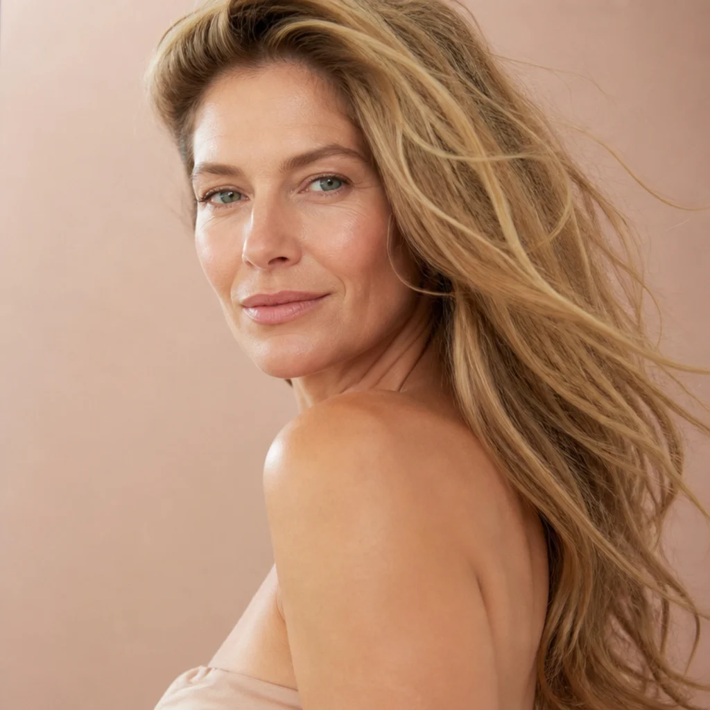 Long honey-blonde hair with wind-swept volume, pieces sweeping back off the face with movement and body, airy natural sunlit finish