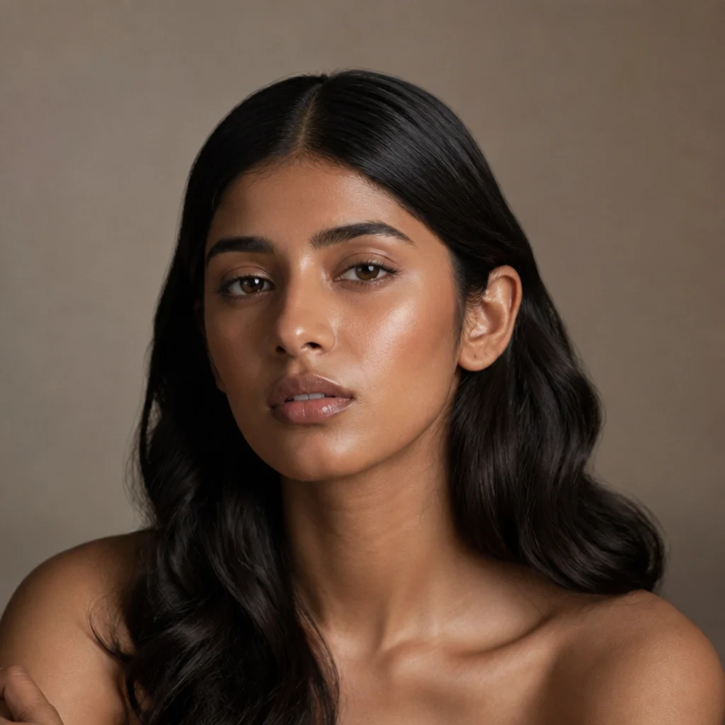 Long dark hair with a clean center part and sleek waves starting below the ears, smooth glossy roots and defined waves, modern minimalist styling