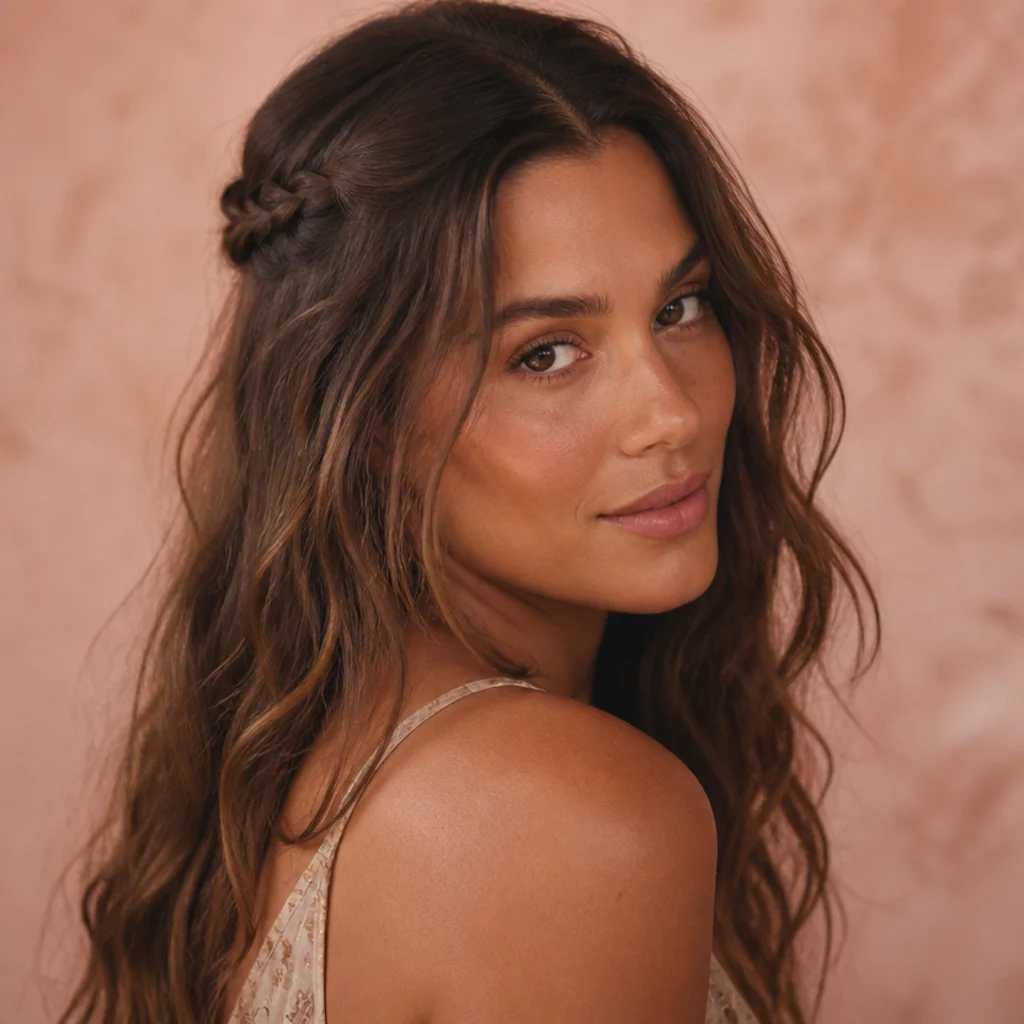 Long wavy hair with a small boho braid tucked along one side, loose waves throughout, relaxed festival-inspired styling, warm sun-kissed tones