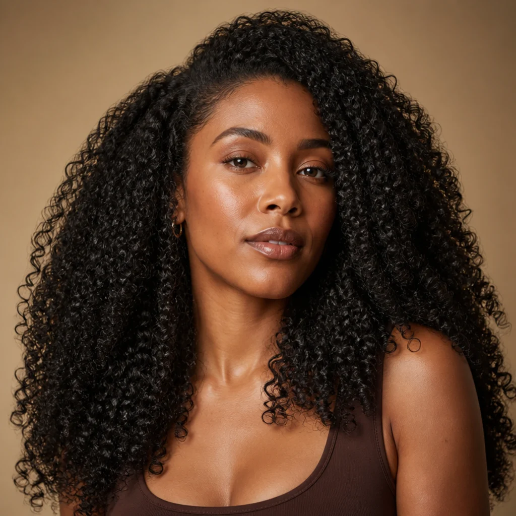 Long naturally coily hair with soft defined coils and added volume, bouncy elongated curls, rich dark color, healthy sheen editorial look