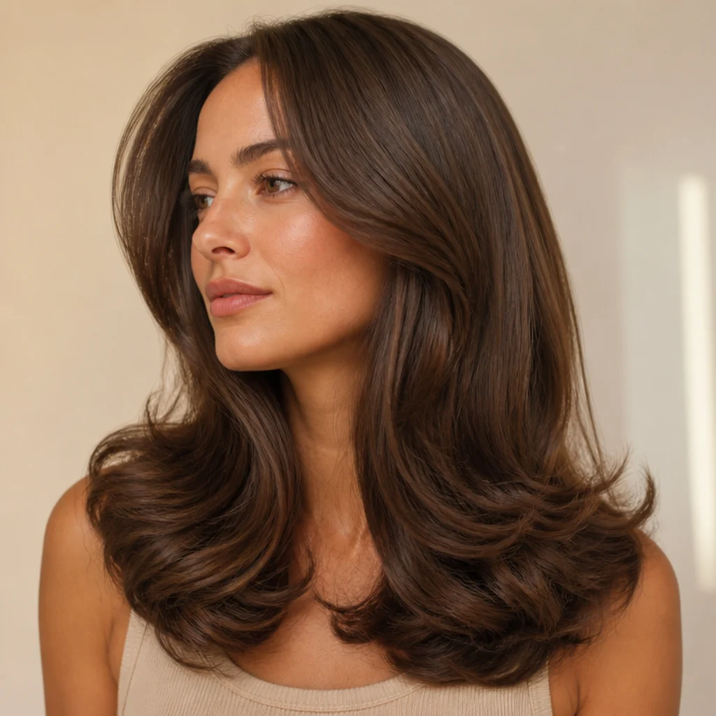 Model with long glossy chestnut hair styled into a voluminous bouncy blowout, side profile against a warm ivory studio backdrop