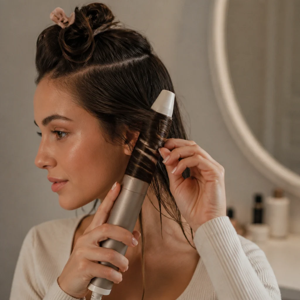 Side profile of a model with damp, sectioned hair being wrapped by a generic airflow barrel styler at a bright vanity