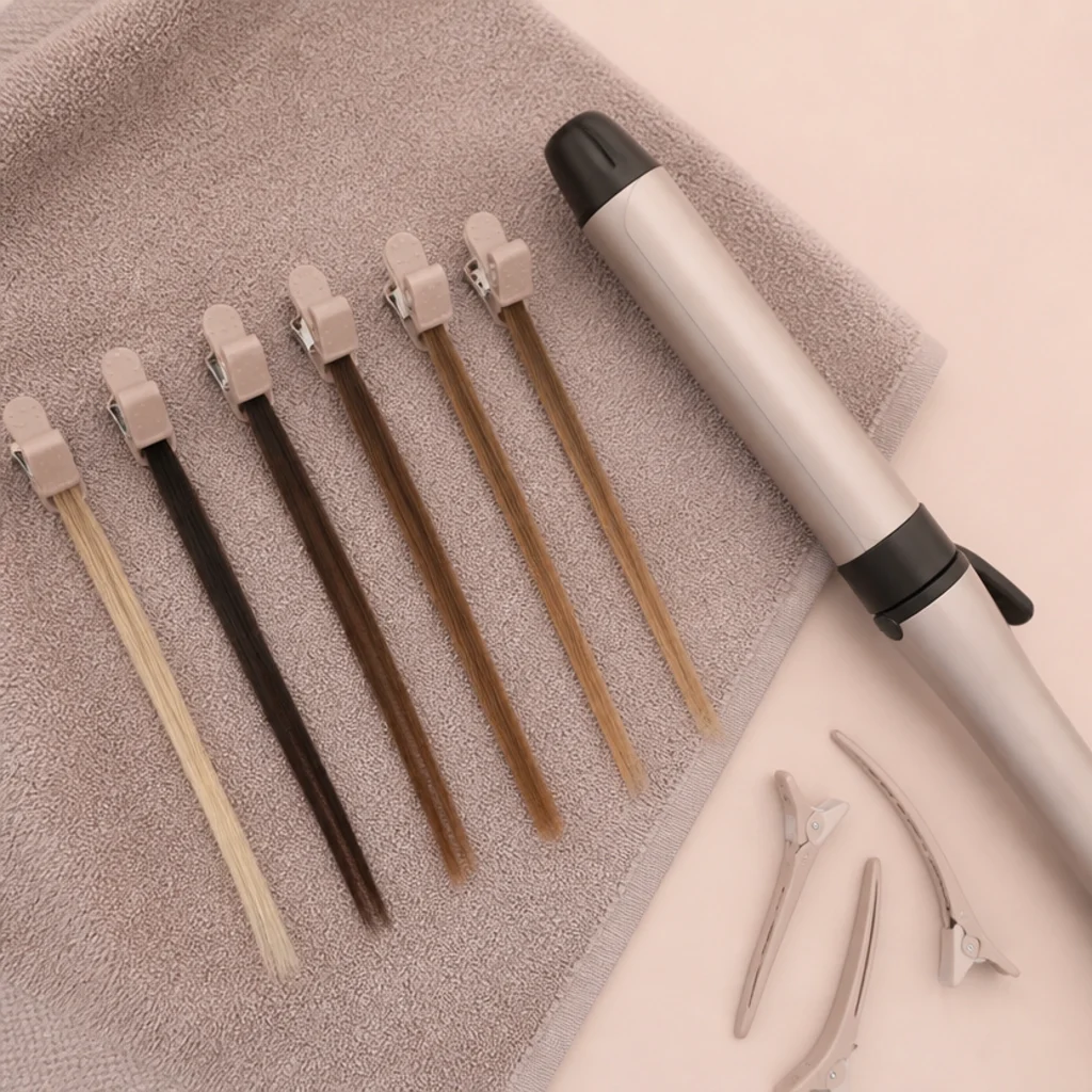 Overhead view of neatly clipped one-inch hair sections on a taupe salon towel beside a generic airflow styling barrel