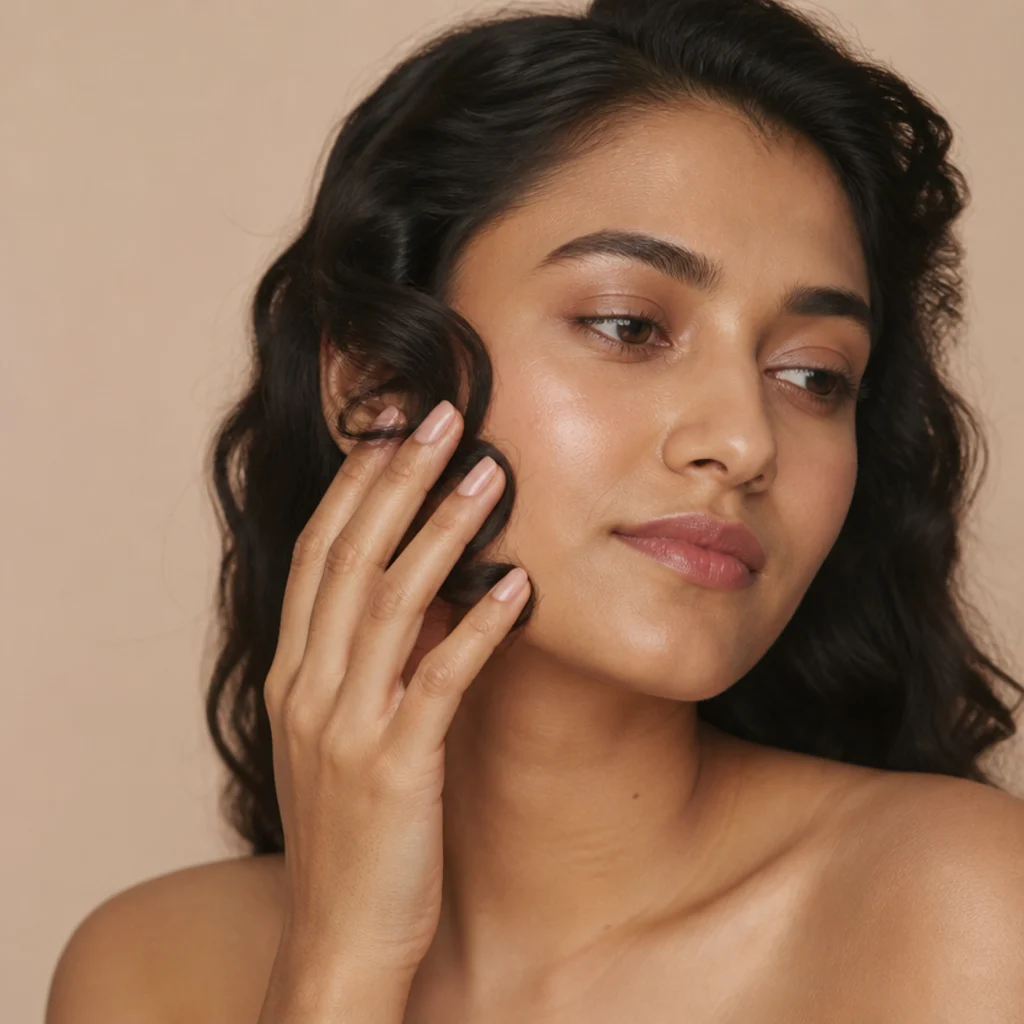 Close-up of a model pressing a freshly formed curl to the cheek to cool and set its shape in soft studio light