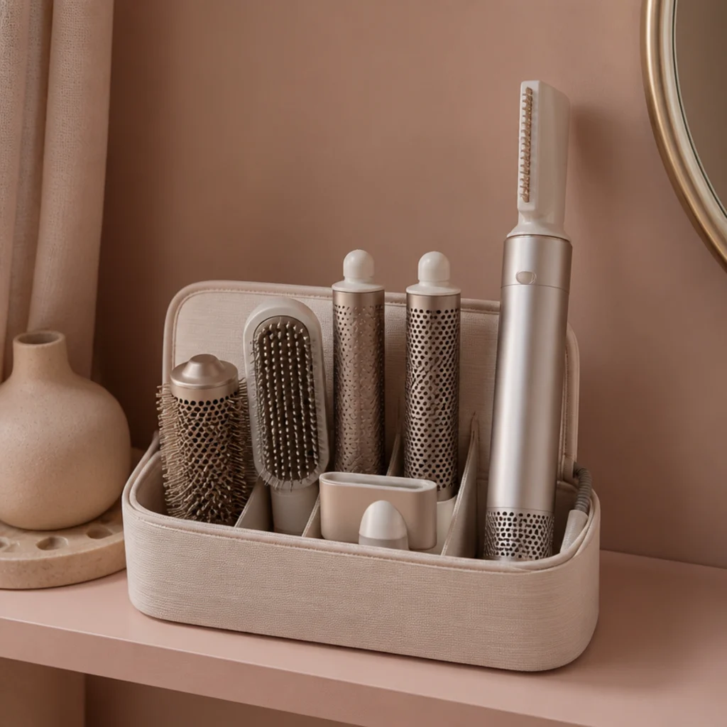 Neatly coiled airflow styler and attachments resting upright in a fabric organizer case on a muted blush shelf
