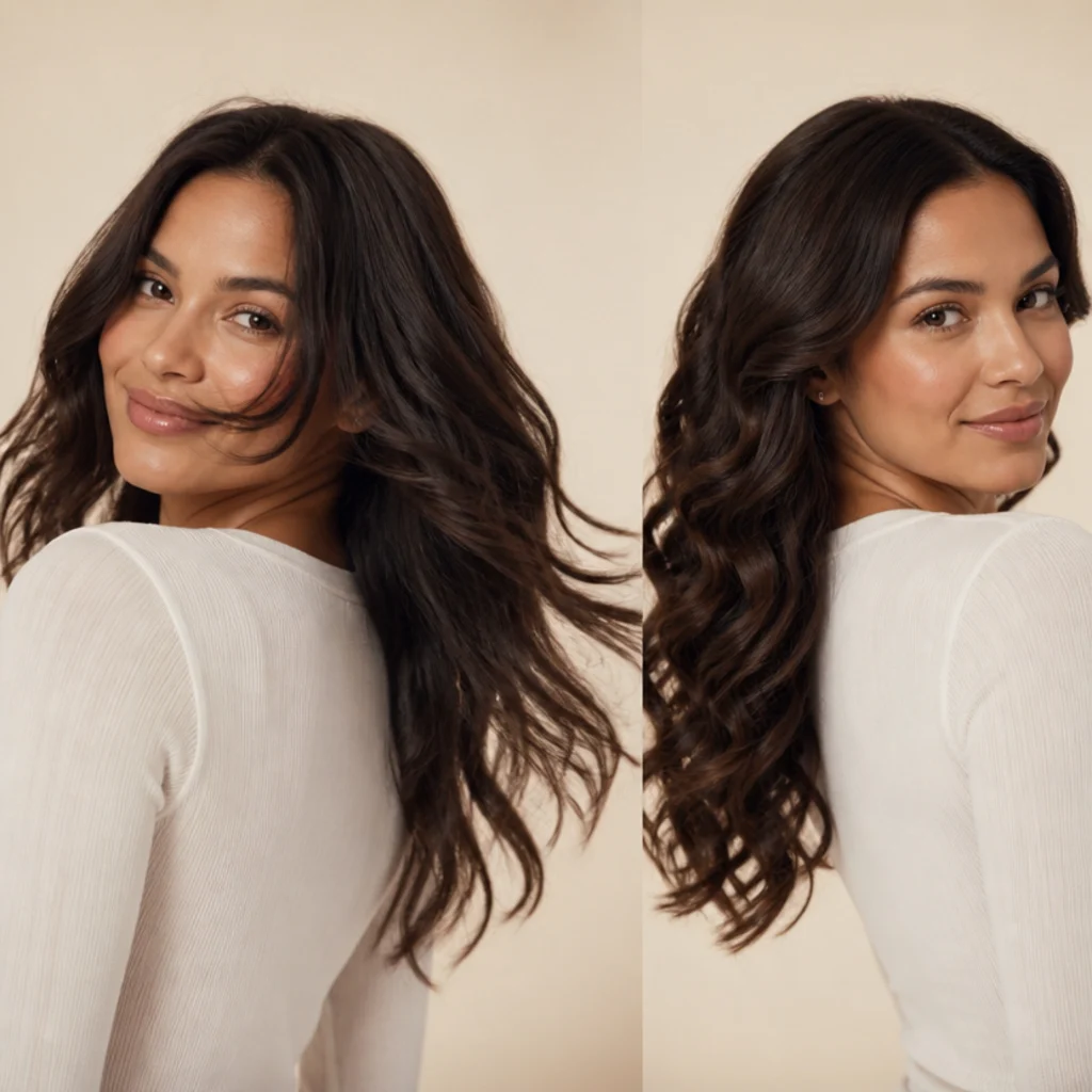 Model with soft, voluminous waves turning to show natural movement against a warm ivory background