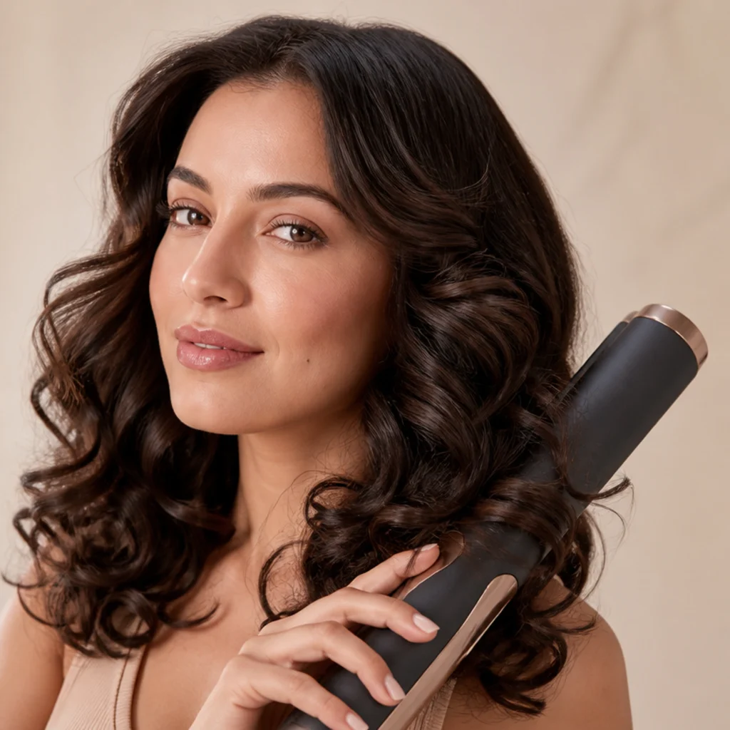 Brunette model with glossy bouncy curls styled by a generic multi-styler on a warm ivory studio backdrop