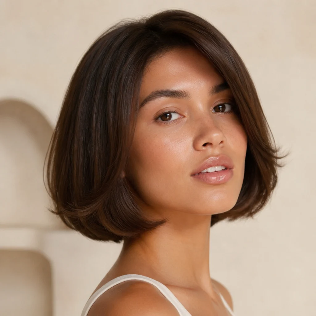 Chin-length bob styled into a soft rounded blowout with turned-under ends, lifted crown and glossy medium-brown movement