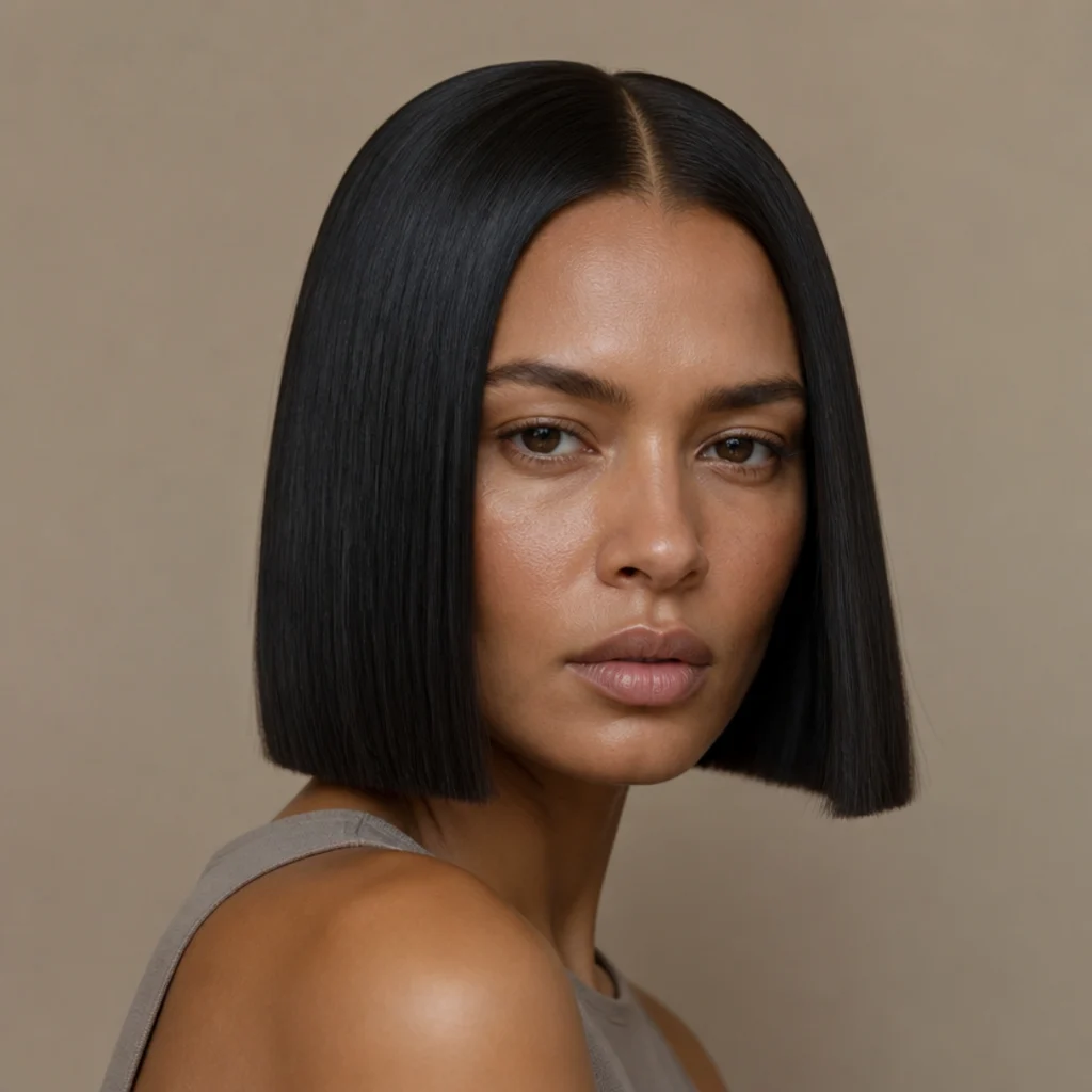 Smooth sleek straight bob with a sharp center part, polished blunt ends and high-shine dark finish