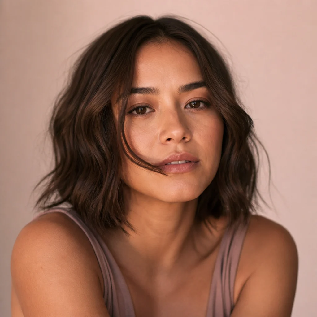 Warm-brunette lob shaped into loose undone beach waves with piecey separation and lived-in texture