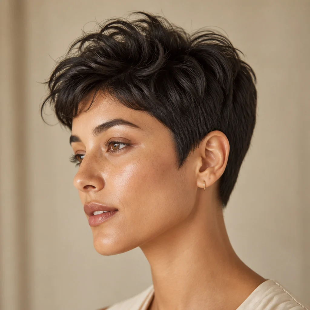 Short pixie cut styled with lifted piecey texture and airy crown volume, soft copper tone