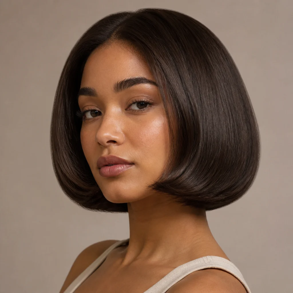 Blunt bob curled smoothly under into a rounded 1960s-inspired shape with a glossy chestnut finish