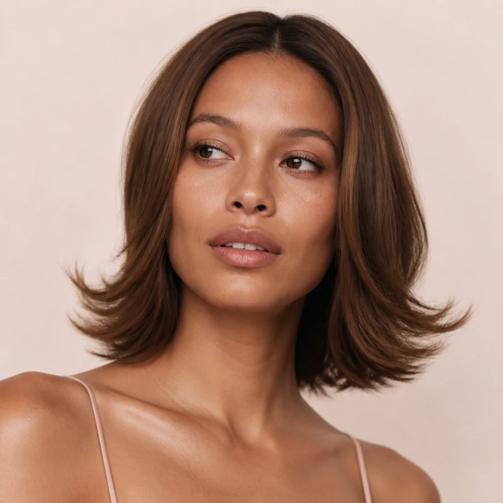Collarbone bob styled with ends flipped outward in a breezy 1970s-inspired shape with soft honey highlights