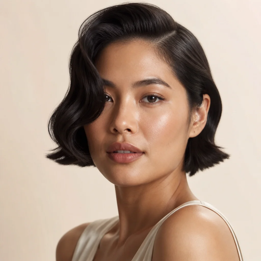 Short bob styled in a dramatic deep side part with a sweeping wave arcing across the forehead, cool-brunette tone