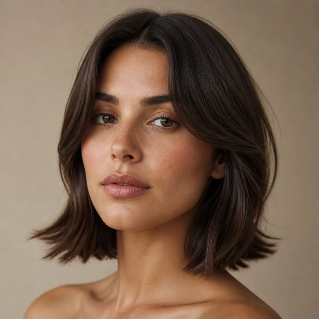 Short lob with curtain bangs styled to frame the face with soft outward-curving fringe and warm dimensional color