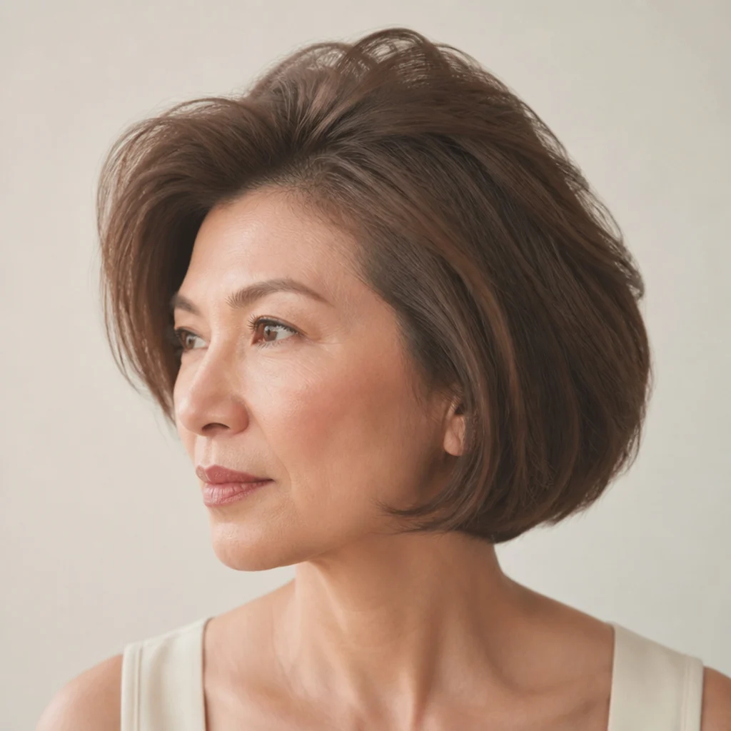 Fine short bob showing dramatic lifted volume at the roots and airy fullness through the crown, soft ash-blonde tone