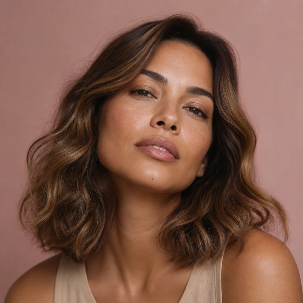 Shoulder-grazing lob styled in soft flowing S-waves with natural-looking bounce and glossy caramel dimension