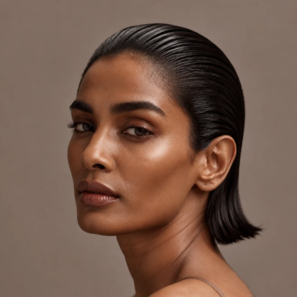 Short bob styled into a sleek slicked-back wet-look finish with visible comb lines, high shine and a deep off-face part