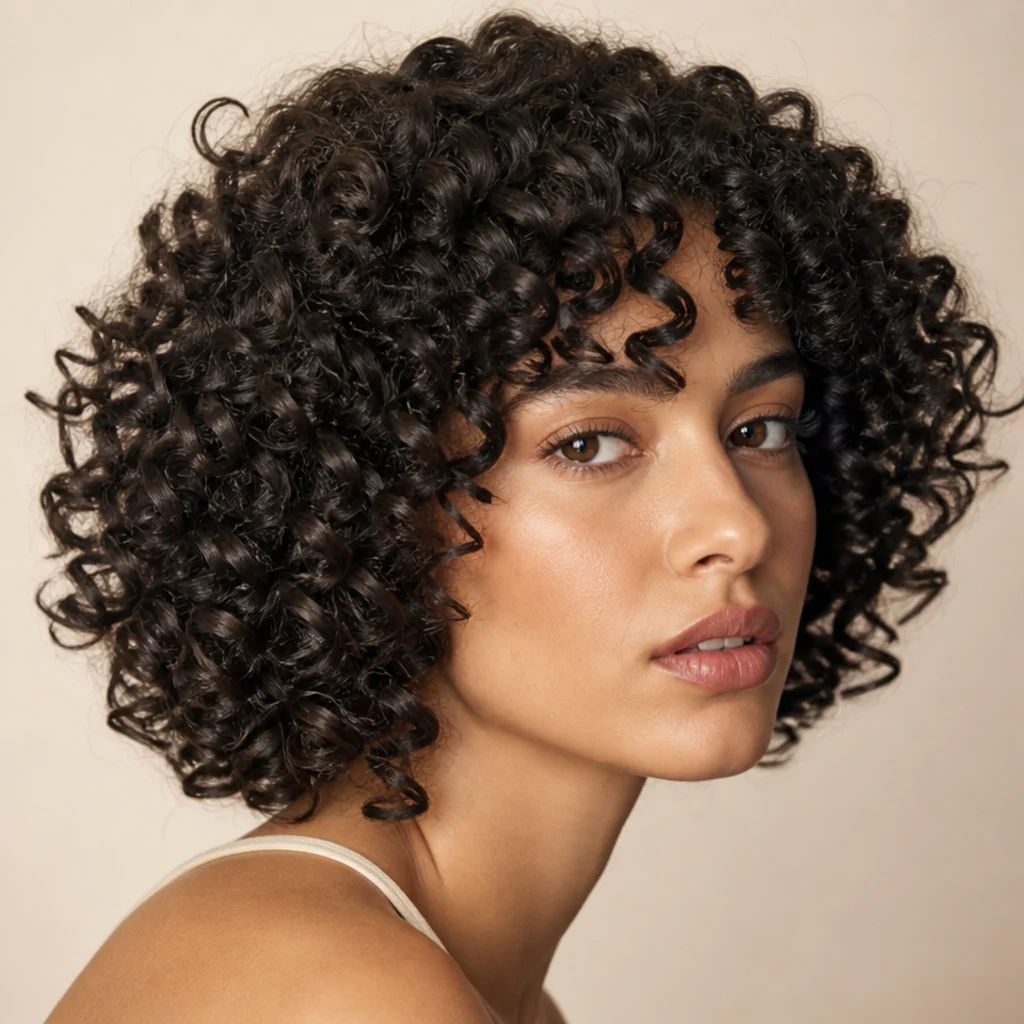 Short bob transformed into defined springy spiral curls with bouncy separation and full volume, rich espresso tone
