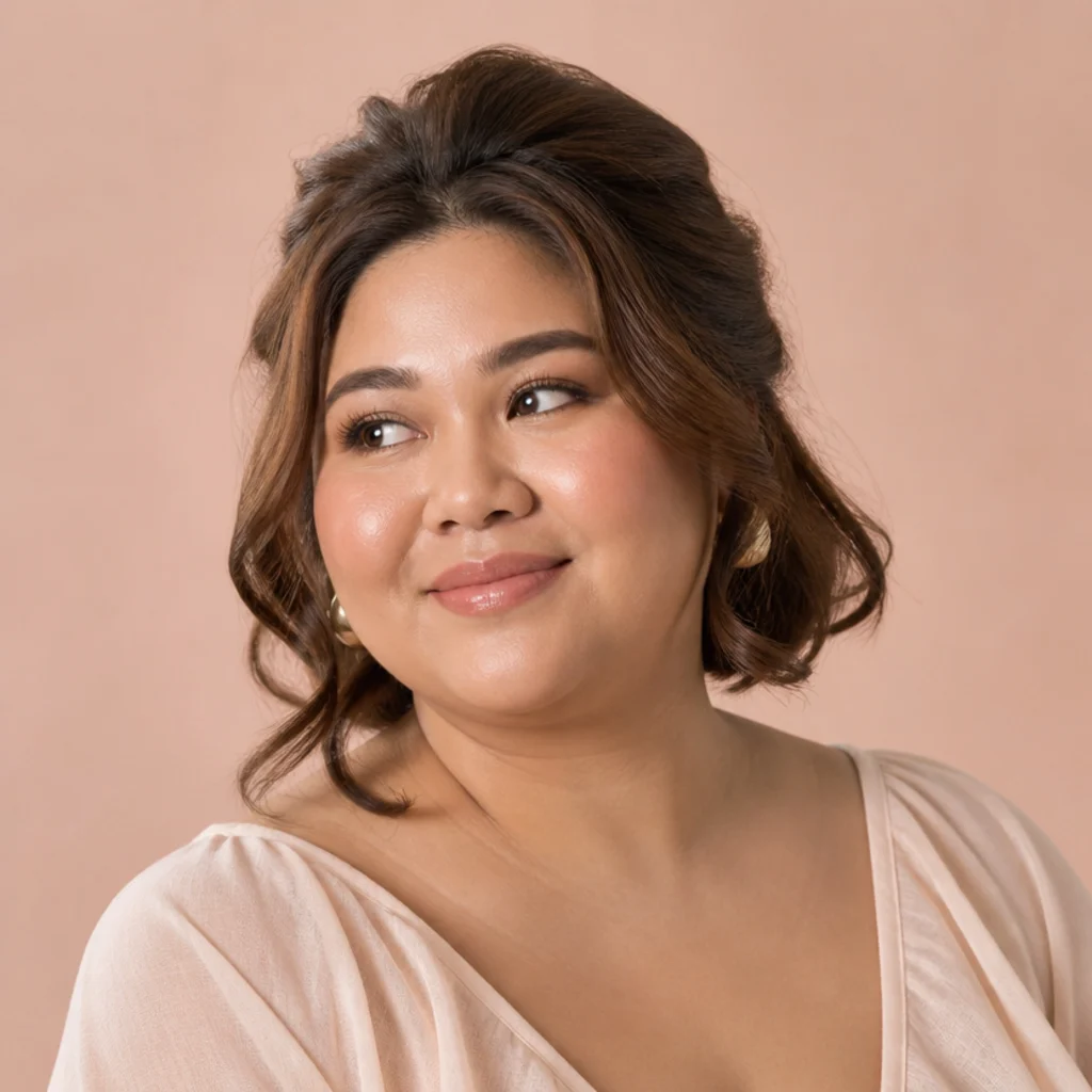 Short bob in a half-up style with a lifted voluminous crown, soft pinned bump and loosely curled framing sections