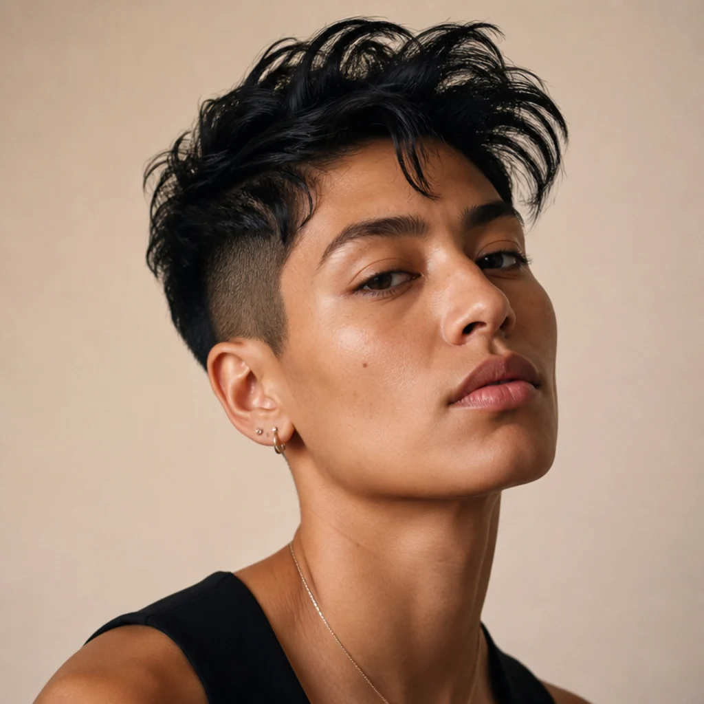 Short undercut with a piecey textured top and airy separated volume contrasting cleanly shaved sides, cool-toned