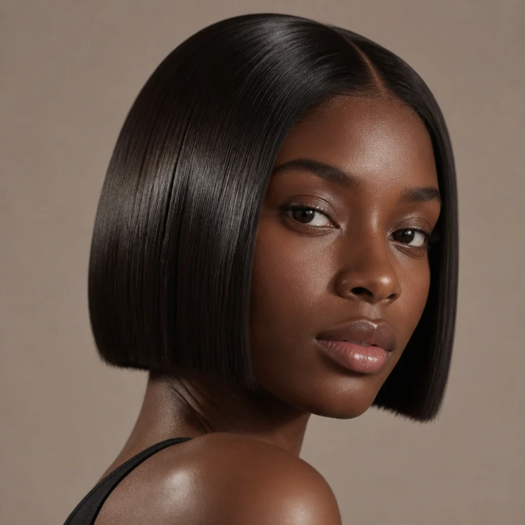 Sleek short bob styled to a high-shine glassy mirror finish with a smooth center part and blunt healthy ends