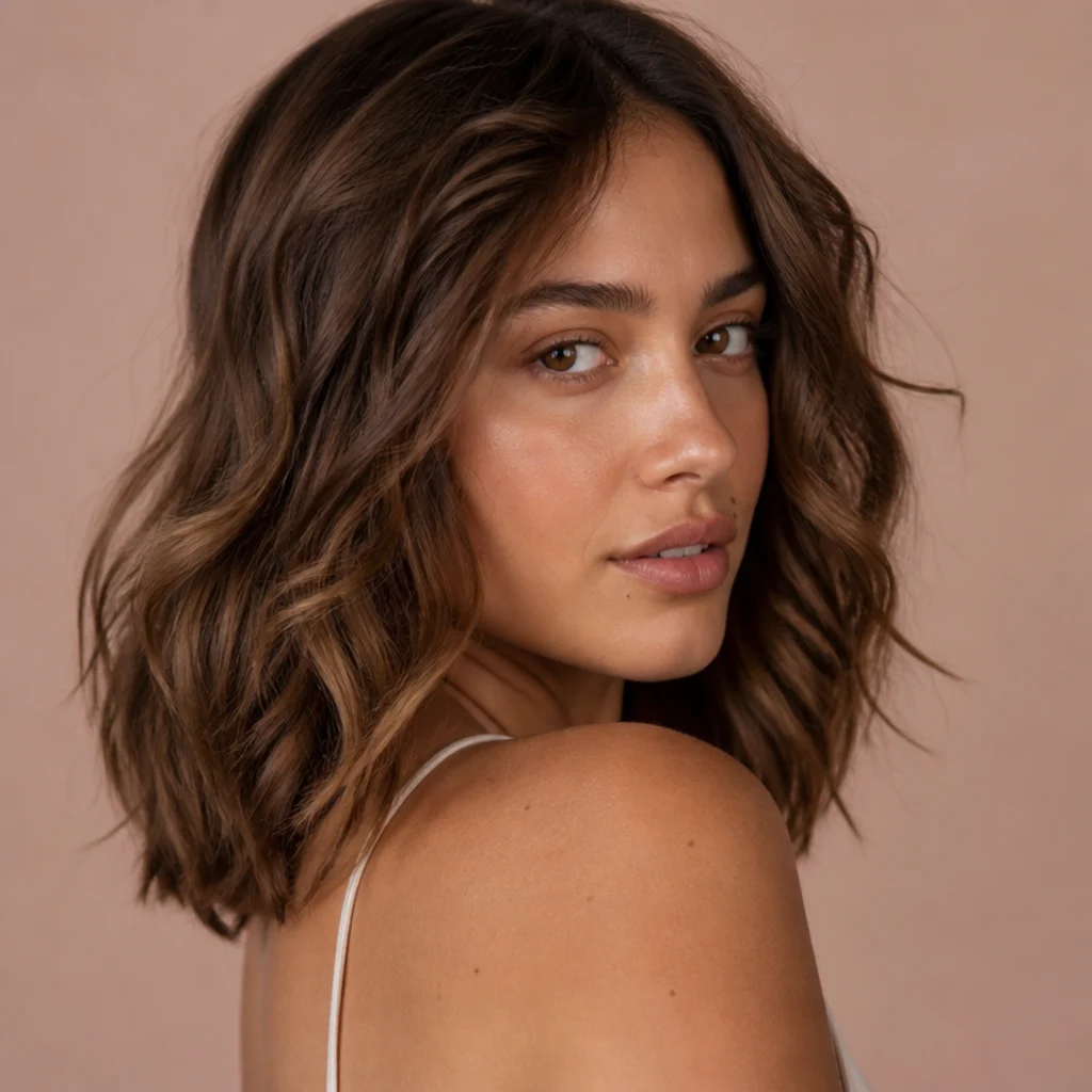Model with tousled shoulder-length loose beach waves in soft undone S-bends, natural window light, warm blush backdrop