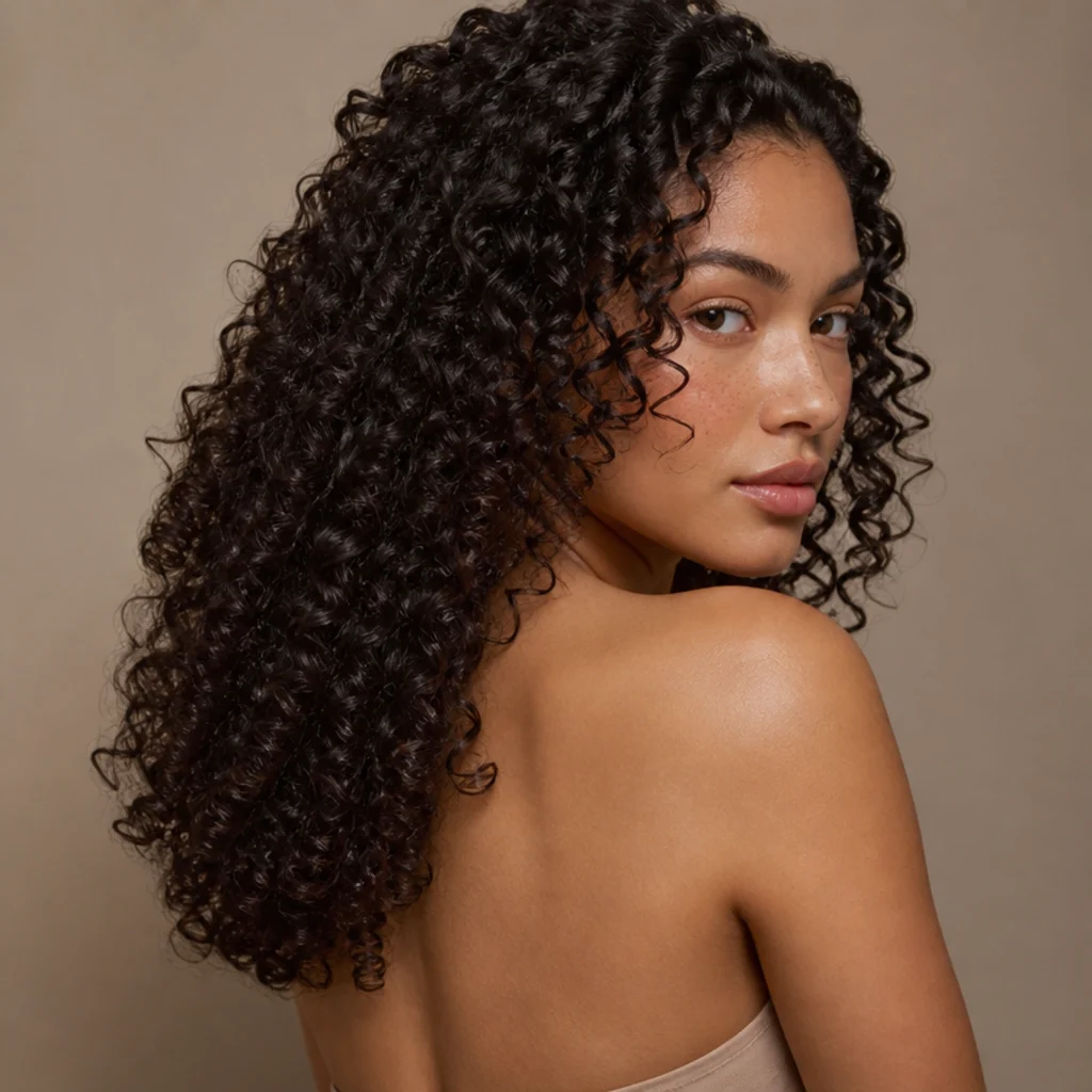 Model with springy tightly defined corkscrew ringlets down the back, glossy high-shine finish, taupe studio background