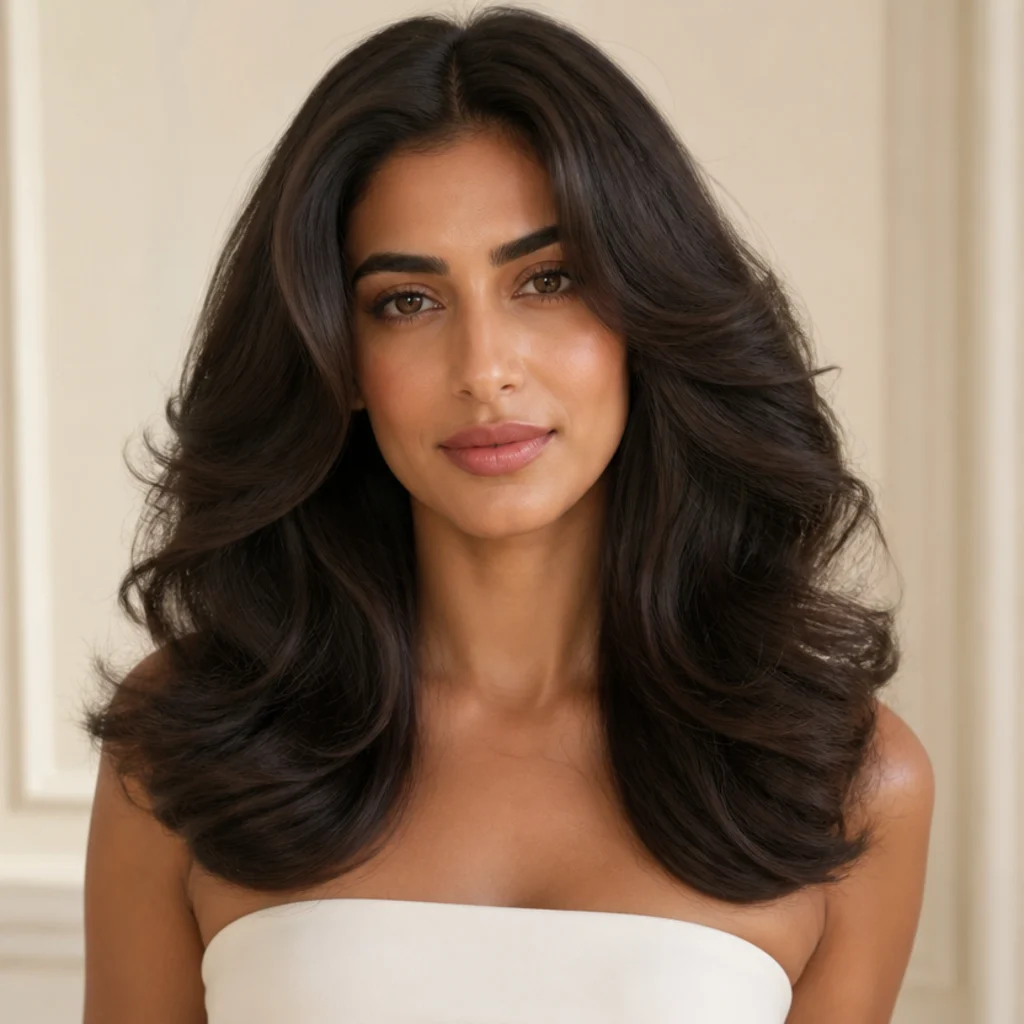Model with voluminous bouncy blowout curls framing the shoulders, rounded round-brush salon finish, ivory backdrop