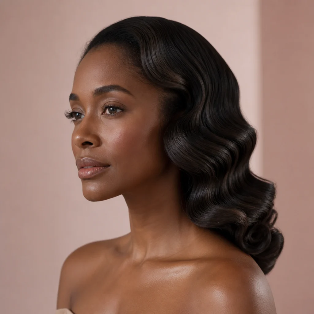 Model with sculpted vintage Hollywood side waves in a deep glossy uniform S-shape, muted blush studio light