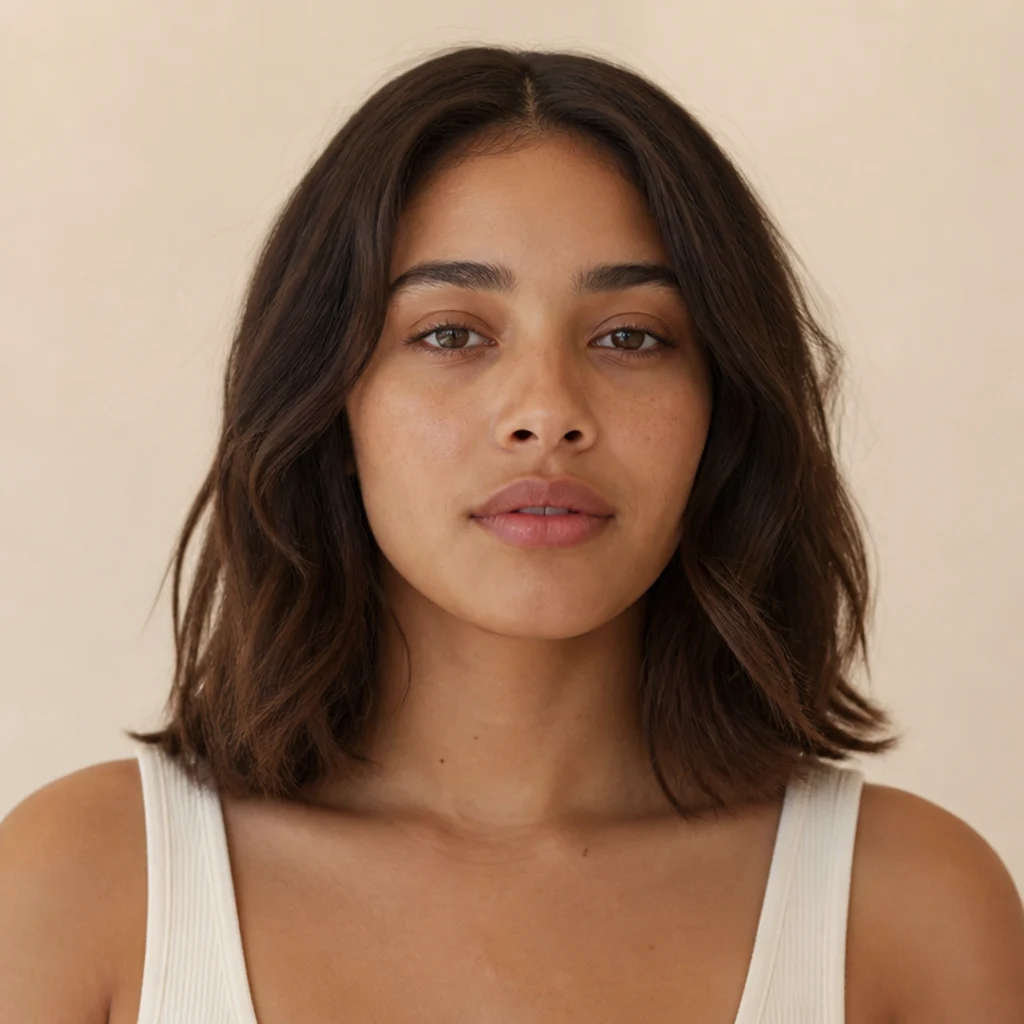 Model with relaxed everyday hair featuring soft mid-length bends and barely-there texture, warm natural tone