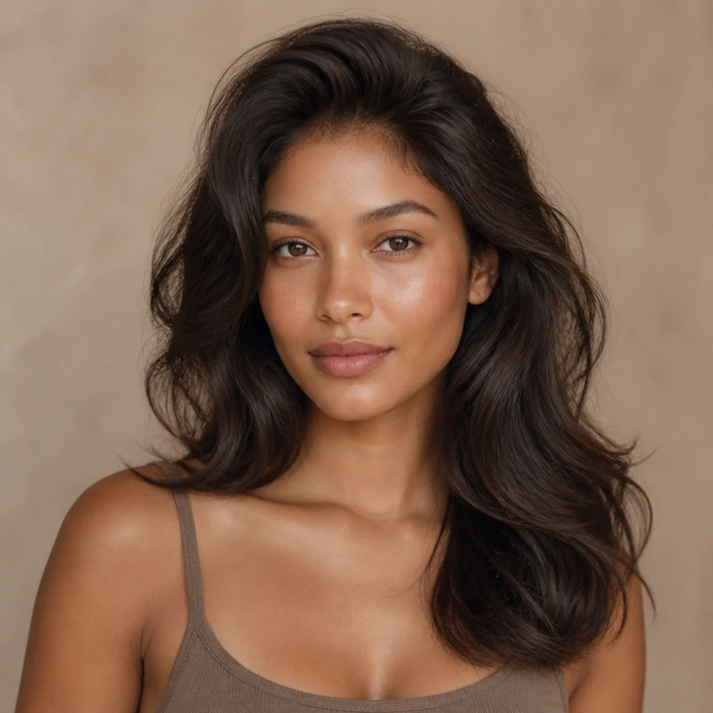Model with lifted root volume and airy fullness at the crown over soft waves below, taupe background