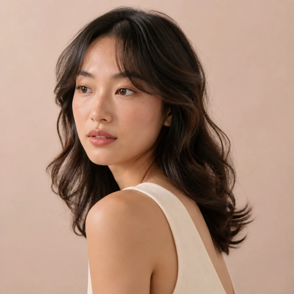 Model with fine flat hair styled into airy soft curls with visible lightness and lift, gentle blush studio backdrop
