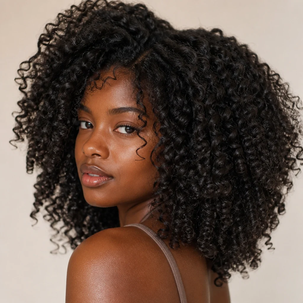 Model with thick coarse hair in full defined curls with rich body and glossy shine, ivory studio setting