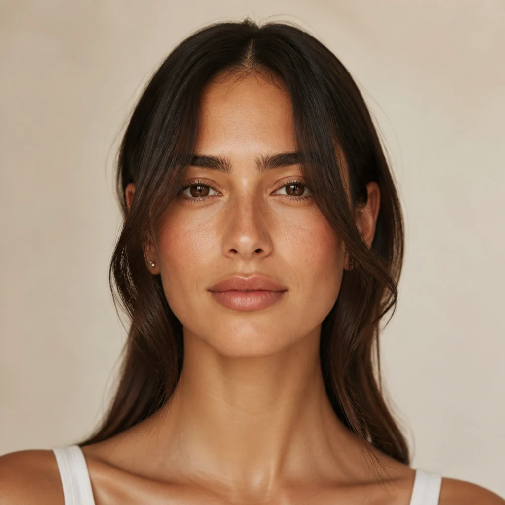 Model with curtain-style face-framing front pieces bending away from the cheeks, soft warm directional lighting