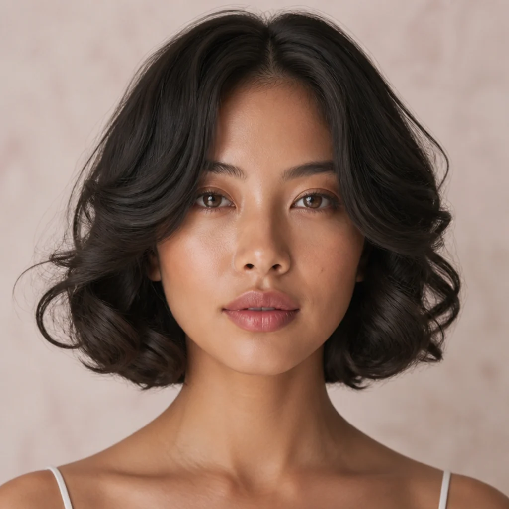 Model with a chin-length bob styled in soft rounded controlled curls, clean modern shape, muted blush backdrop