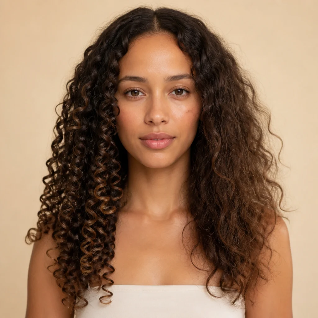 Comparison-style portrait of a model whose curls stay defined on one side and soften on the other, warm ivory background