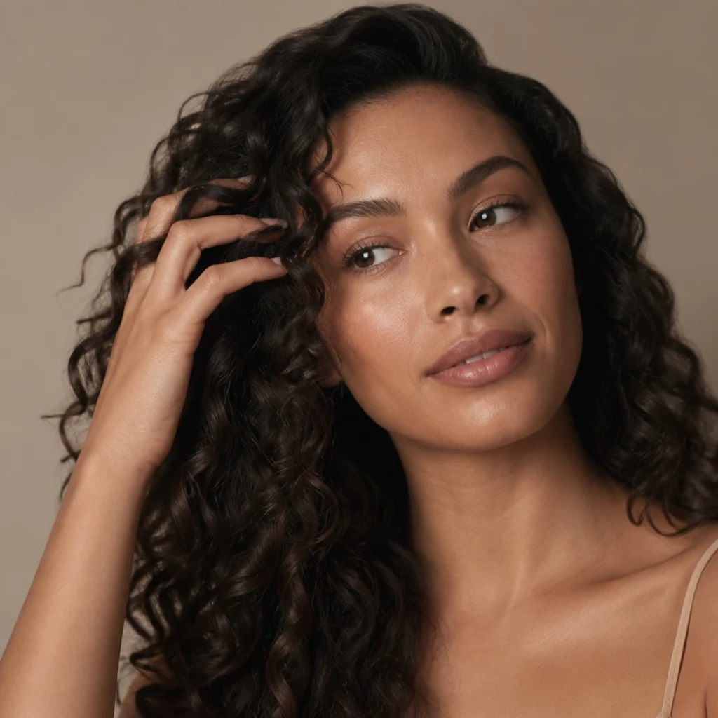Model running fingers through healthy glossy soft curls, even diffused lighting, taupe studio backdrop