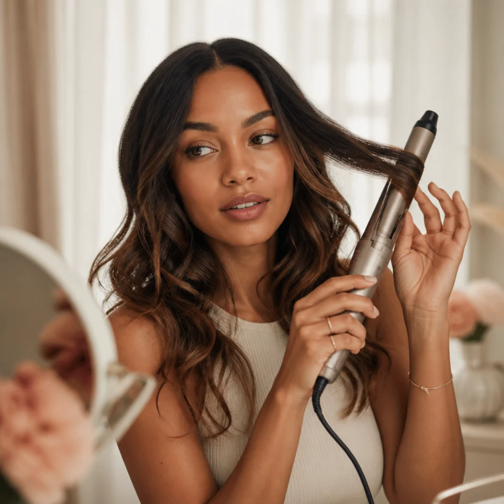 Model mid-styling with a generic logo-free premium styler at a calm vanity, warm blush tones