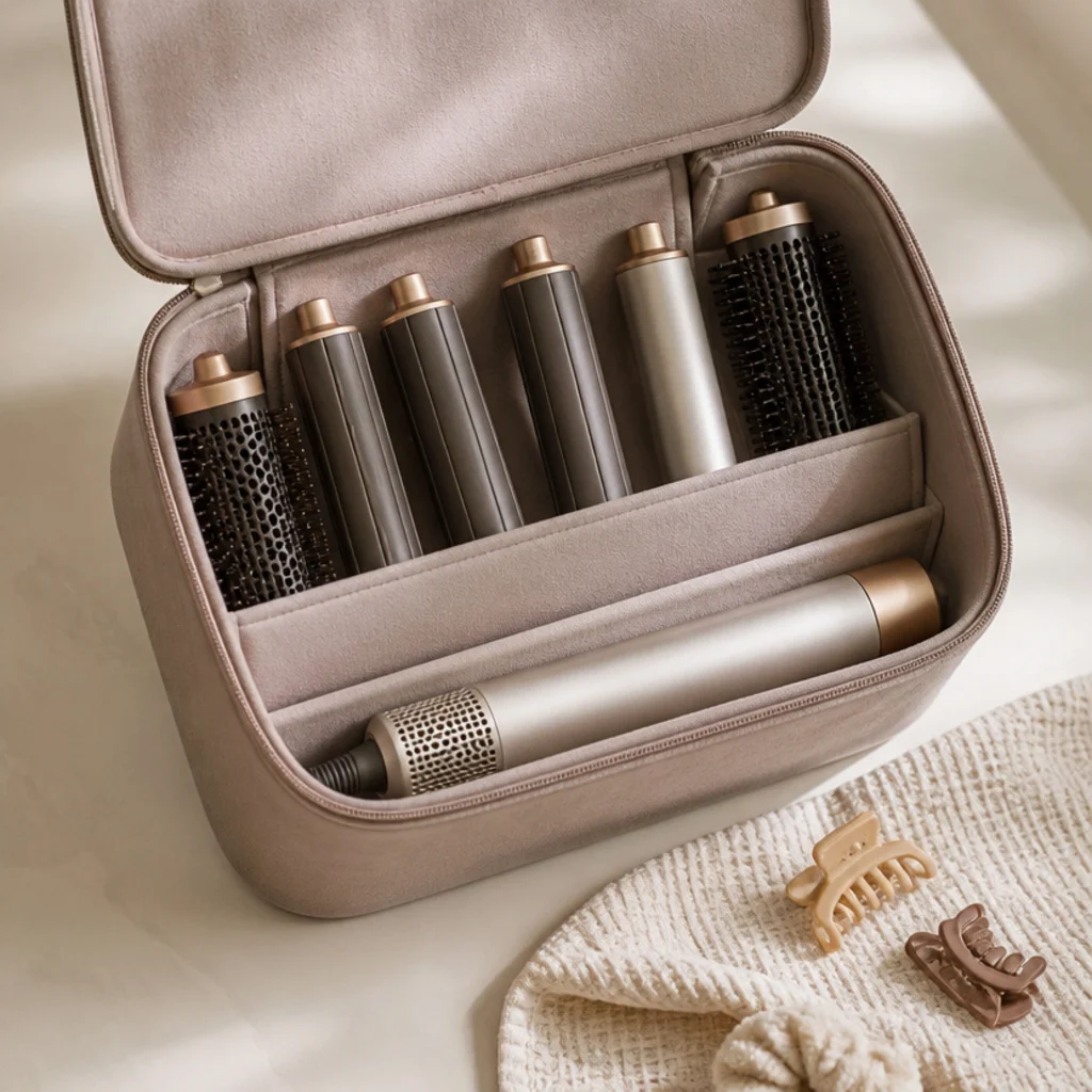 Flat-lay of tidy hair tool attachments arranged in a fabric zip case on a warm ivory surface, no logos